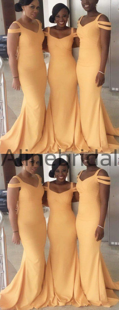 Orange Jersey Off Shoulder Mermaid Long Cheap Bridesmaid Dresses, AB4088