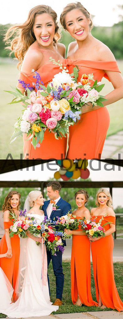 Orange Off Shoulder Sheath Long Bridesmaid Dresses, AB4055