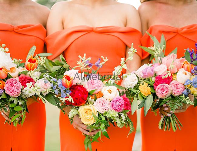 Orange Off Shoulder Sheath Long Bridesmaid Dresses, AB4055