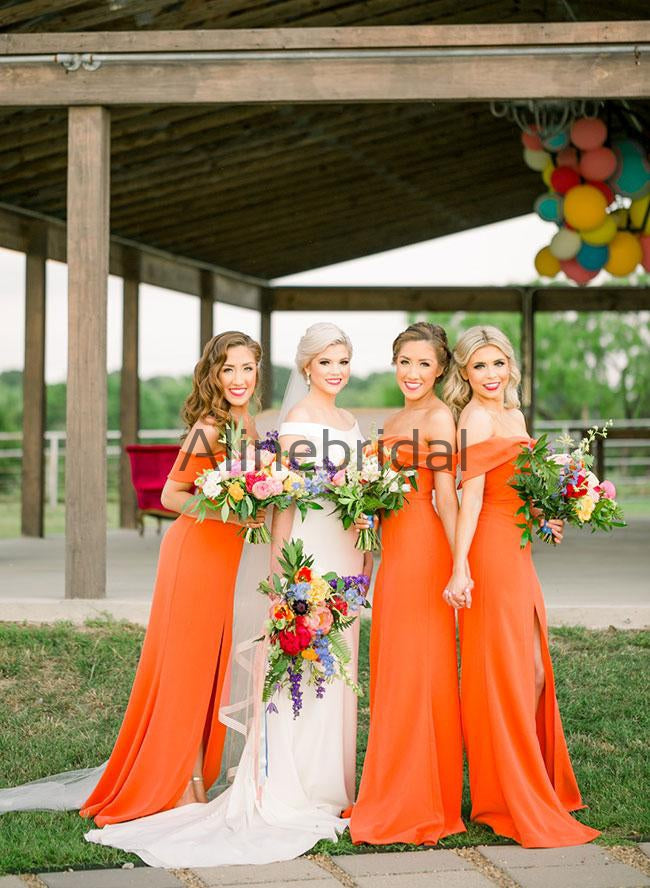 Orange Off Shoulder Sheath Long Bridesmaid Dresses, AB4055