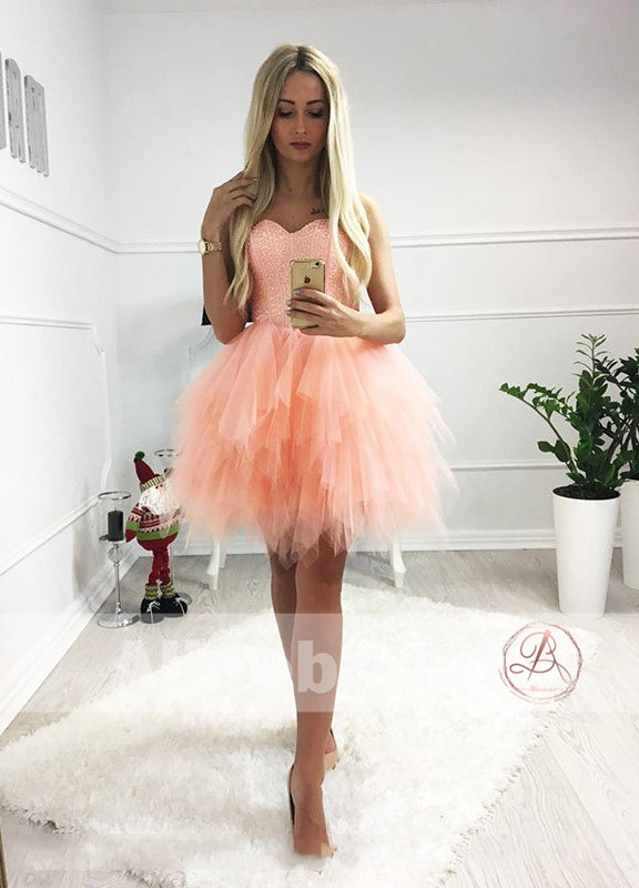 Orange Pink Sparkly Beaded Top Ruffles Tulle Strapless Homecoming Dresses ,HD0009