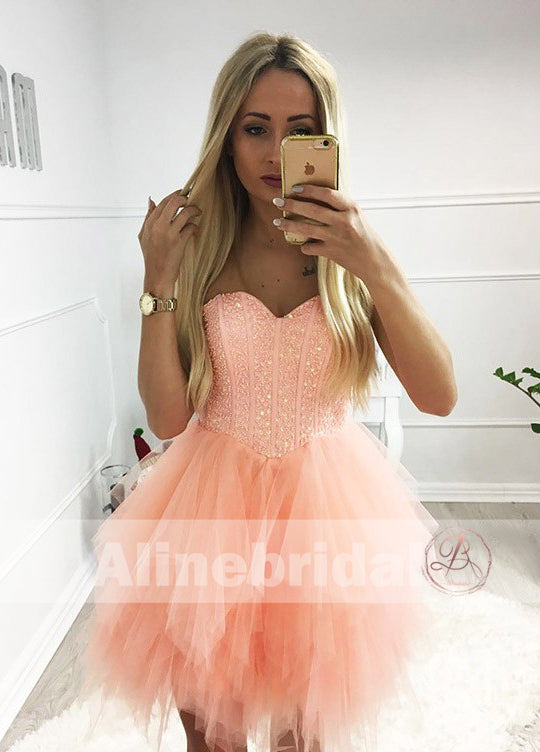 Orange Pink Sparkly Beaded Top Ruffles Tulle Strapless Homecoming Dresses ,HD0009