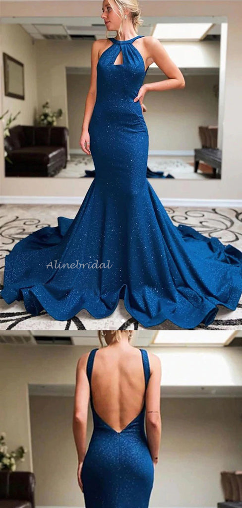 Sparkly Navy Blue Open Back Mermaid Long Trumpet Hollow Design Prom Dress, PD3512