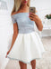 Pale Blue Lace Ivory Satin Off Shoulder Short Sleeve Homecoming Dresses,BD0061