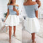 Pale Blue Lace Ivory Satin Off Shoulder Short Sleeve Homecoming Dresses,BD0061