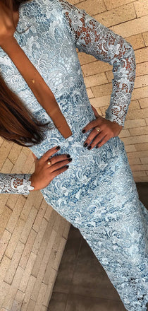 Pale Blue Lace Long Sleeve Sheath Illusion Back Prom Dresses,PD00203