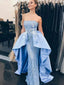 Pale Blue Lace Satin Straplee Dechable Overskirt Fashion Prom Dresses ,PD00132