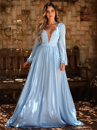 Pale Bule Satin Chiffon Long Sleeve A-line Prom Dresses,PD00348