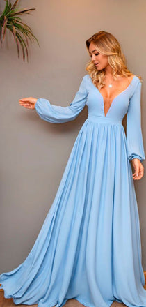 Pale Bule Satin Chiffon Long Sleeve A-line Prom Dresses,PD00348