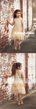 Pastel Yellow Floral Lace Tiered Flower Girl Dresses, FGS083