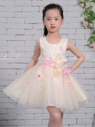 Pastel Yellow Tulle Handmade Flower Scoop Neck Cute Flower Girl Dresses, FGS132