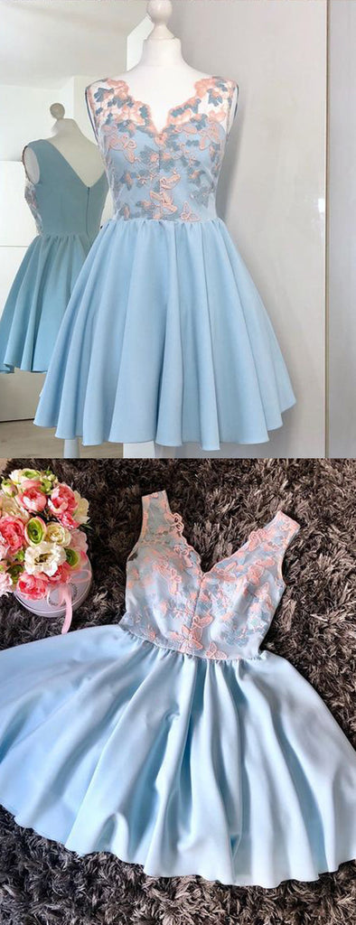 Peach Lace Pale Blue Satin V-neck Sleeveless Homecoming Dresses,HD0063