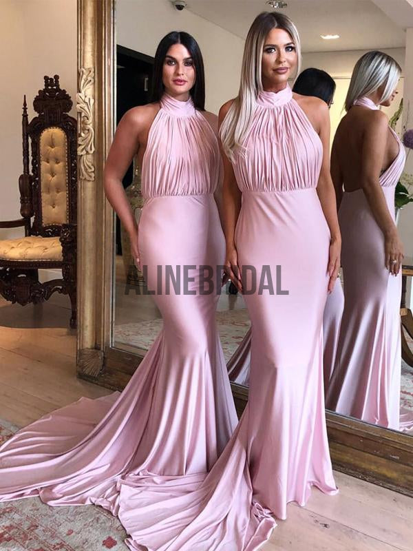 Pink Jersey Halter Backless Mermaid Birdesmaid Dresses, AB4016