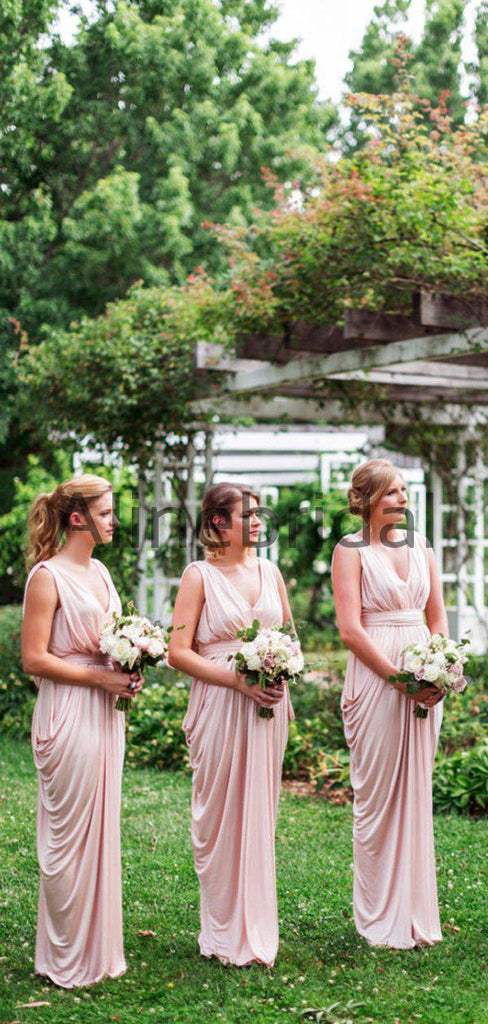 Pink Jersey V-neck Sleeveless Pleating Long Bridesmaid Dresses  , AB4124