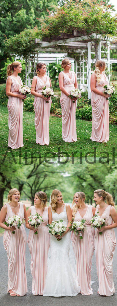 Pink Jersey V-neck Sleeveless Pleating Long Bridesmaid Dresses  , AB4124