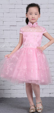 Pink Lace High Neck Cap Sleeve Flower Girl Dresses, FGS128