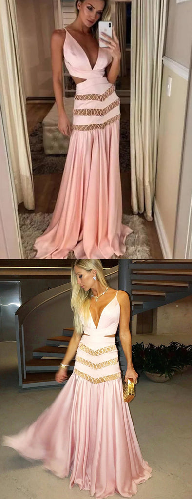 Pink Satin Chiffon Unique Open Back A-line Prom Dresses,PD00320