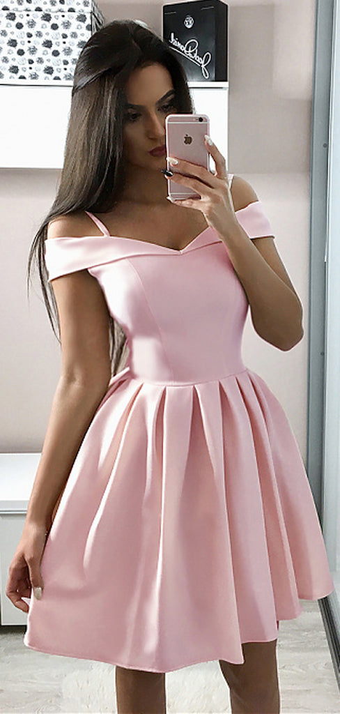 Pink Satin Off Shoulder Spaghetti Strap Homecoming Dresses,HD0068