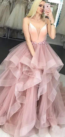 Pink Tulle Spaghetti Strap Ruffles Ball Gown Sweet-16 Prom Dresses,PD00333
