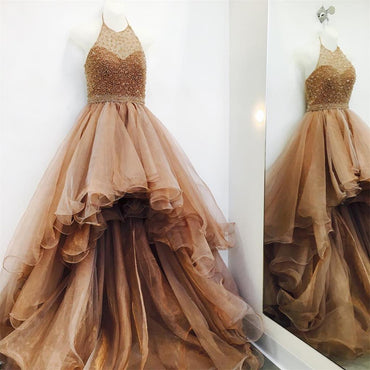 Popular High Low Brown Beaded Halter Ruffles Ball Gown Prom Dresses, PD00041
