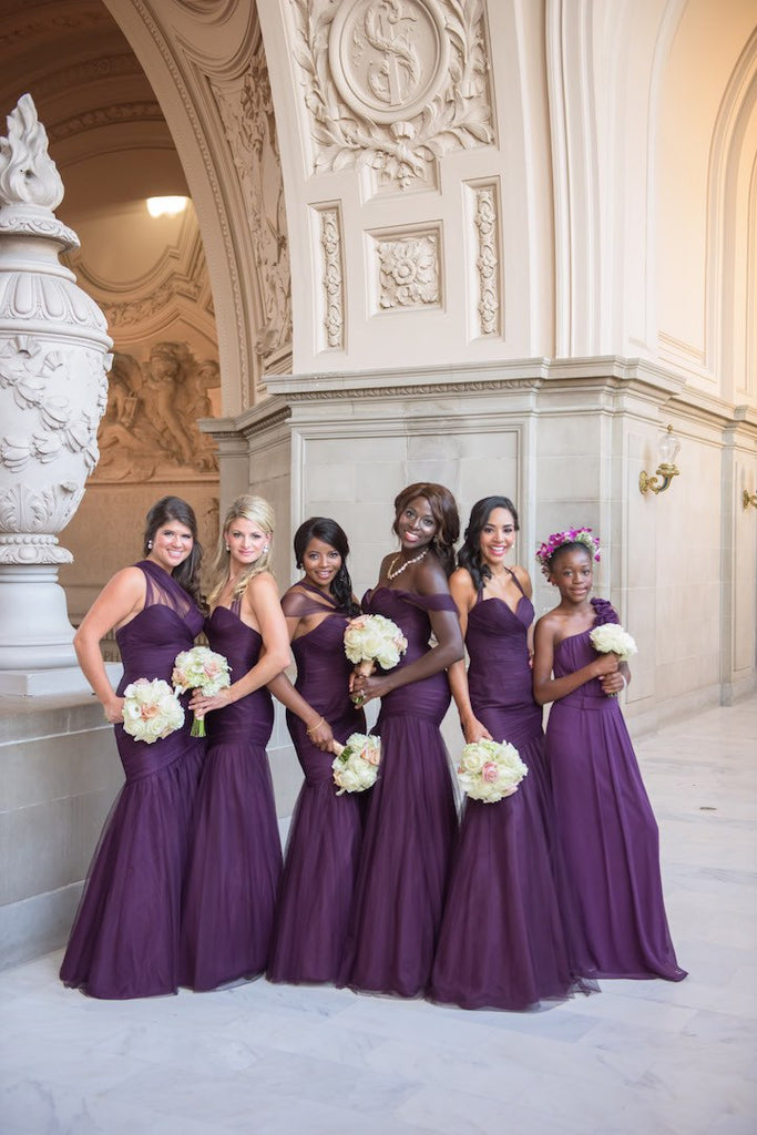 Purple Tulle Mismatched Mermaid Convertible Sweetheart Long Bridesmaid Dresses, WG159