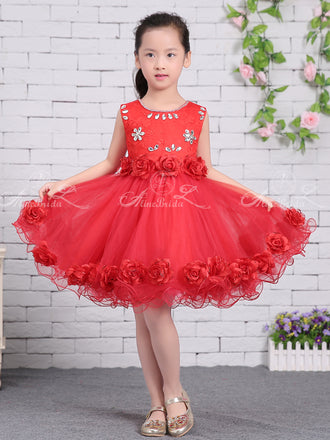 Red Tulle Rhinestone Applique Handmade Flower Girl Dresses, FGS136