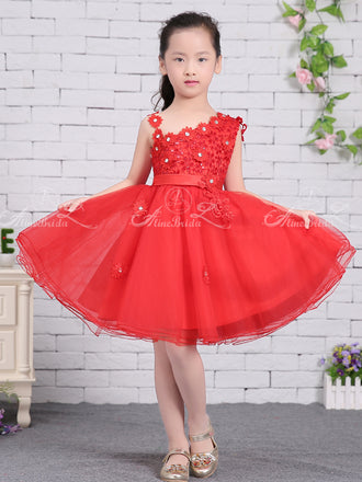 Red Tulle Unique One Shoulder Applique Flower Girl Dresses, FGS137