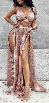 Rose Gold Sequin Sexy Side Slit Sleeveless Prom Dresses, PD00183