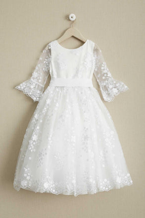Round Neck Off White Lace Half Sleeve Long Flower Girl Dresses, FGS098
