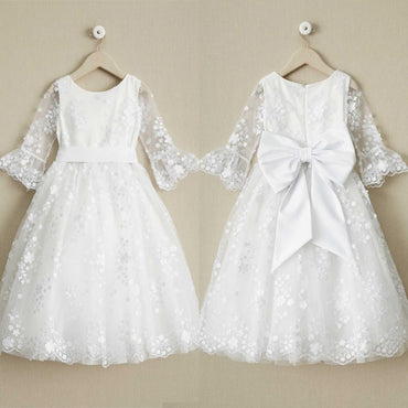Round Neck Off White Lace Half Sleeve Long Flower Girl Dresses, FGS098