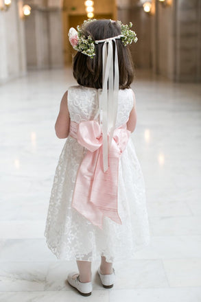 Round Neck Sleeveless Ivory Lace Pink Sash Satin Tea Length Flower Girl Dresses, FG061