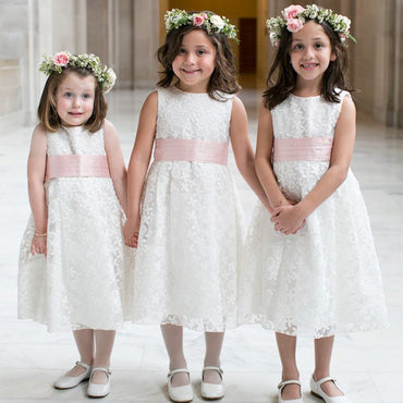 Round Neck Sleeveless Ivory Lace Pink Sash Satin Tea Length Flower Girl Dresses, FG061