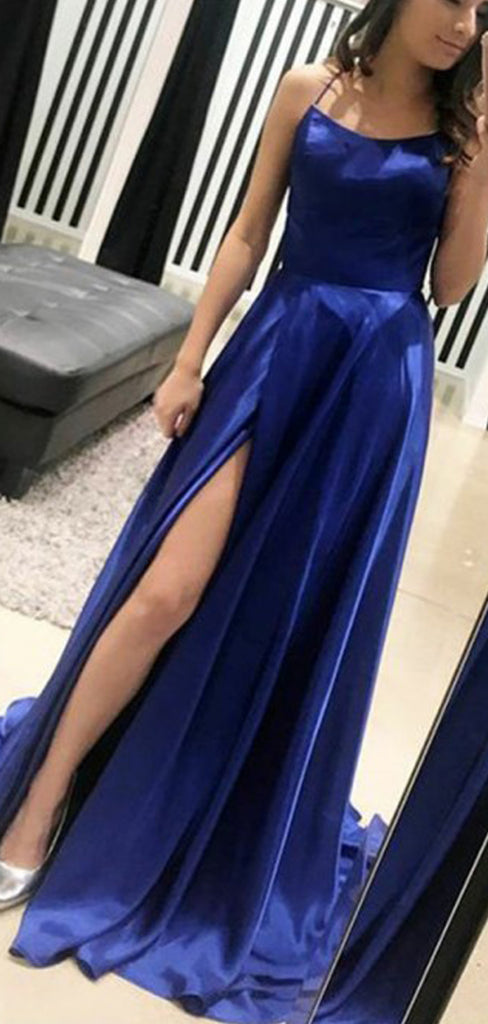 Royal Blue Fashion Spaghetti Strap Backless Lace Up Back Prom Dresses,PD00336