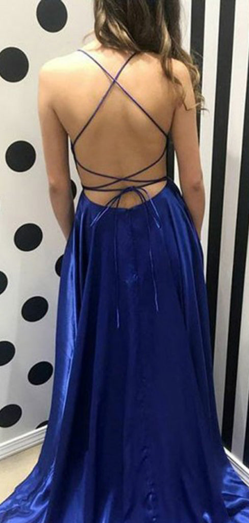 Royal Blue Fashion Spaghetti Strap Backless Lace Up Back Prom Dresses,PD00336