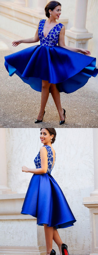 Royal Blue Lace Satin V-neck High Low Homecoming Dresses,HD0055