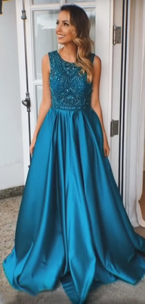 Stuning Blue Satin Beaded Sleeveless A-line Evening Gowns, PD00279