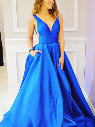 Royal Blue Satin V-neck Sleeveless Pockets Prom Dresses,PD00356