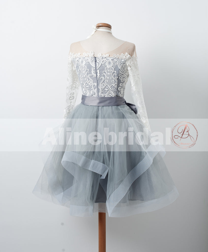 See Through Neckline Off Shoulder Lace Grey Tulle Long Sleeve Homecoming Dresses ,BD00228