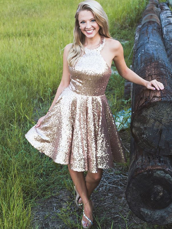 Shiny Gold Sequin Halter Simple Homecoming Dresses,HD0022