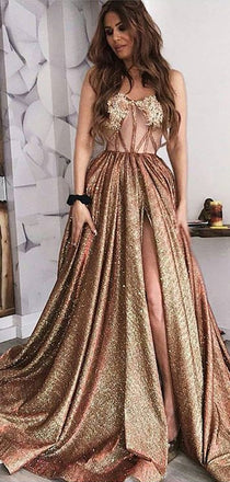 Shiny Sequin Satin Illusion Applique Sweetheart Strapless Prom Dresses,PD00176