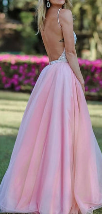 Silver Beading Pink Tulle Spaghetti Strap Backless Prom Dresses,PD00293