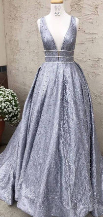 Silver Sequin Lace Beading Ball Gown Sleeveless Prom Dresses.PD00264