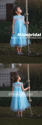 Simple Bright Blue Tulle Cap Sleeve High Neck Flower Girl Dresses, FGS065