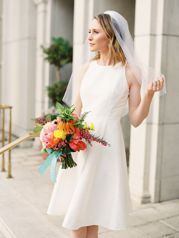 Simple Elegant Ivory Satin Open Back Round Neck Short Wedding Dresses, AB1546