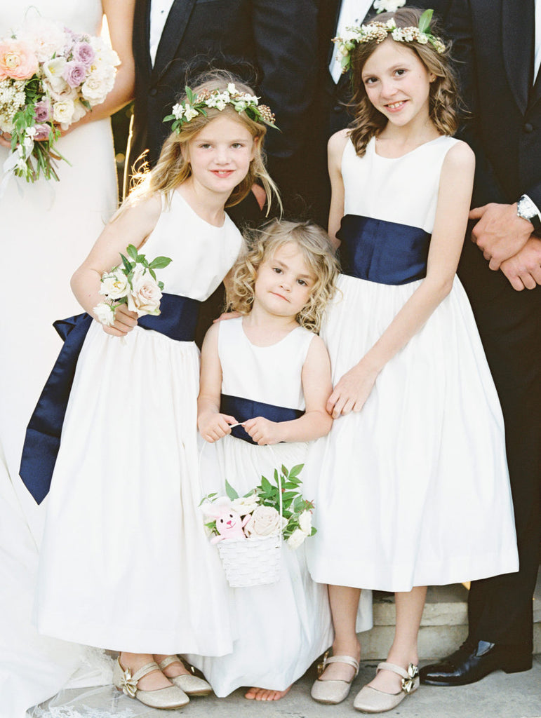 Simple Ivory Satin Navy Belt Vintage Flower Girl Dresses, FGS108
