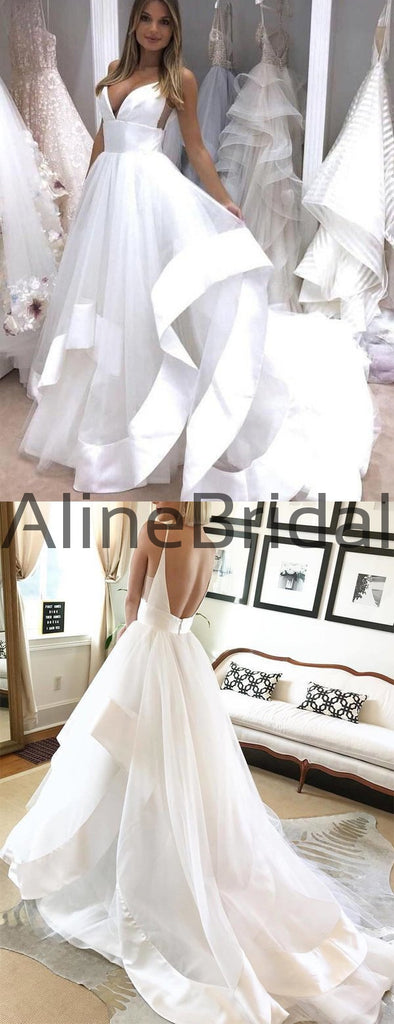 Simple White Spaghetti Strap Backless Beach Wedding Dresses, AB1522