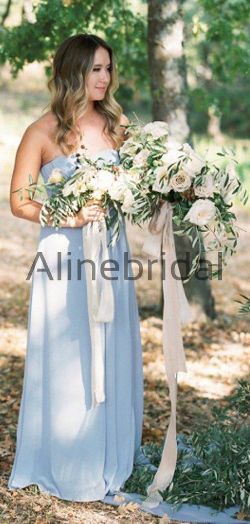 Sky Blue Chiffon Strapless A-line Long Cheap Bridesmaid Dresses , AB4121