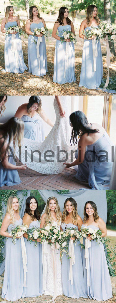 Sky Blue Chiffon Strapless A-line Long Cheap Bridesmaid Dresses , AB4121