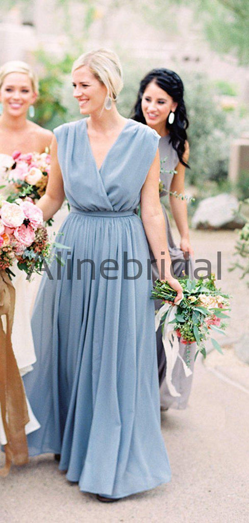 Sky Blue Chiffon V-neck Boho Long Birdesmaid Dresses, AB4135