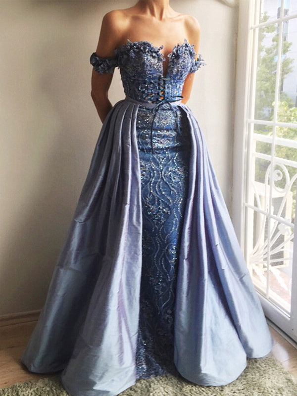 Sky Blue Lace Applique Off Shoulder Detachable Over-skirt Prom Dresses,PD00162